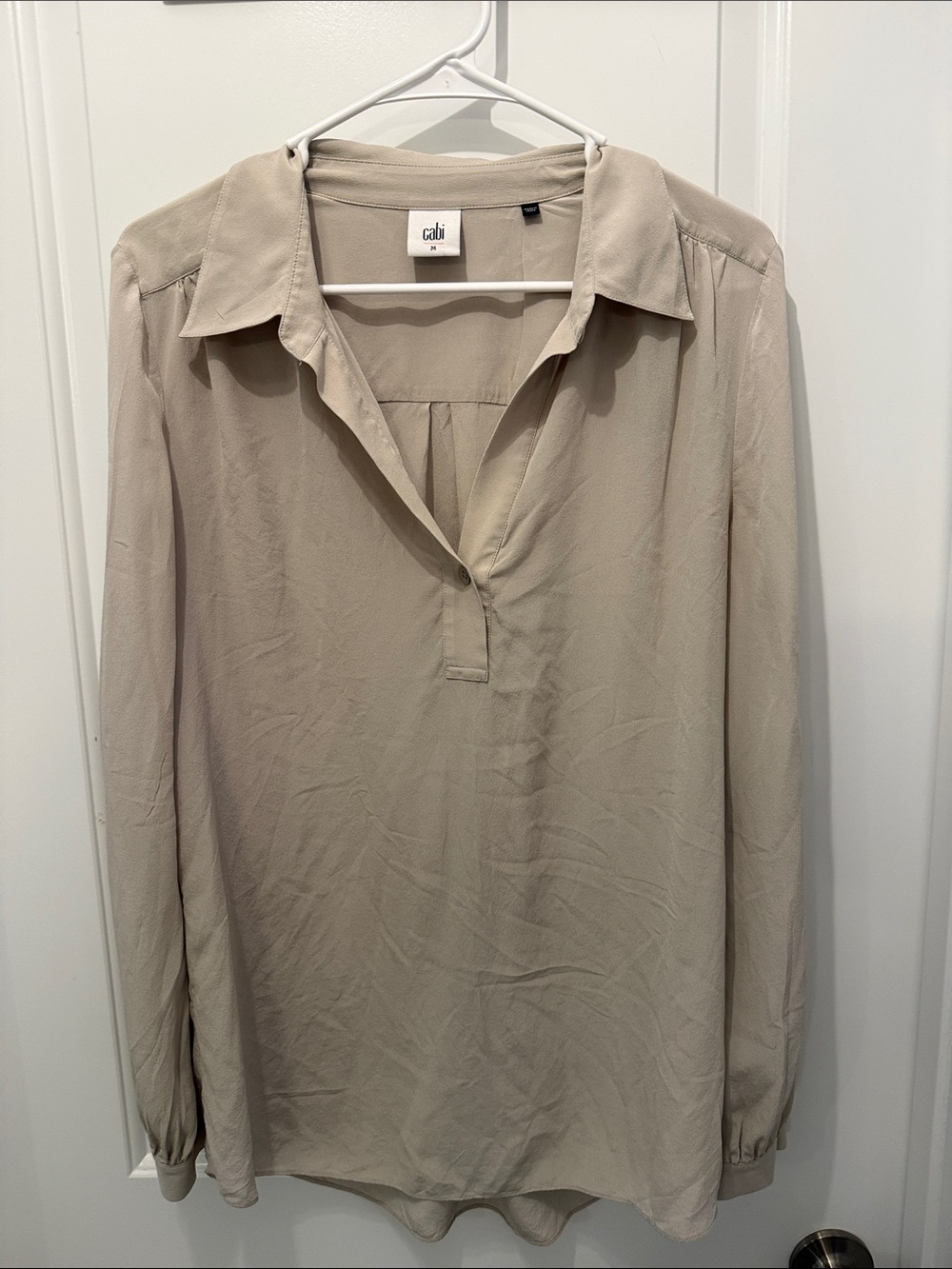 CAbi Neutral Taupe Split-Neck Long Sleeve Silk Blouse